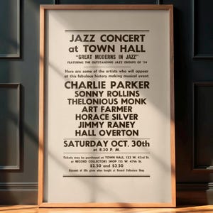 Rare Vintage Jazz Poster, Charlie Parker, Thelonious Monk Town Hall Concert 1954, Jazz Music Memorabilia, Retro Wall Art