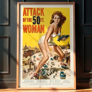 Retro Sci-Fi Movie Poster, Attack of the 50 Foot Woman 1958, Vintage Pulp Art Print, Old Hollywood Wall Decor, Cult Film, Campy