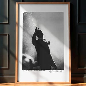 May include: A framed black and white photograph of a silhouette of a person in a suit, standing with one arm raised, illuminated by a spotlight. The print features the text "Frank Sinatra - Monte Carlo 1958" and a signature at the bottom.
