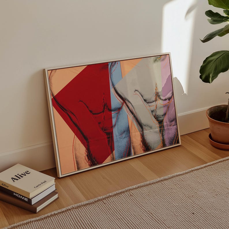 May include: A framed abstract art print featuring a stylized depiction of a torso with red, blue, and peach color blocks. The artwork is leaning against a white wall on a wooden floor, with a stack of books and a potted plant nearby.