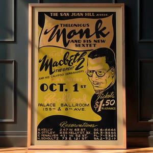 Vintage Jazz Concert Poster, Thelonious Monk 1949 Harlem, New York, Jazz Music Memorabilia, Retro Wall Art