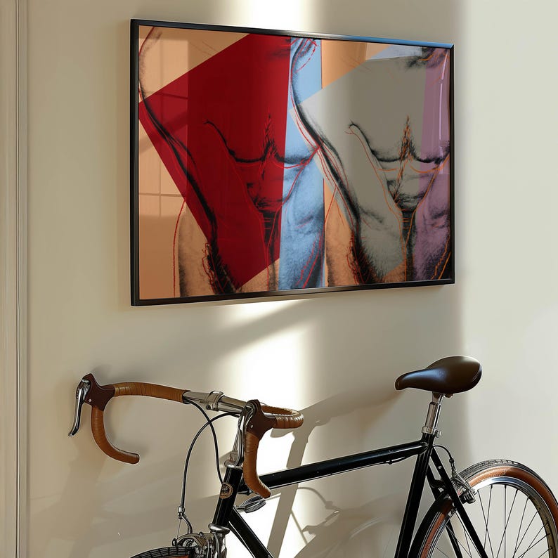 May include: A framed art print featuring a stylized depiction of a male torso with geometric shapes in red, blue, and peach. Below, a black bicycle with brown handlebars and a brown leather seat is visible.