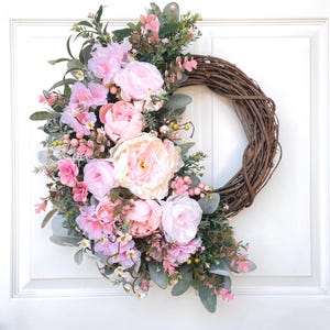 Lambs Ear & Pink Peony Wreath: Spring Floral Door Decor