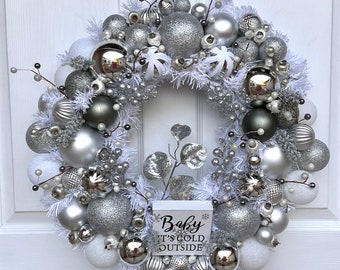 Winter Wreath, Front Door Winter Wreath, Wreath With Silver Ornaments, Silver Winter Wreath, White Christmas Wreath, Winter Glam Wreath