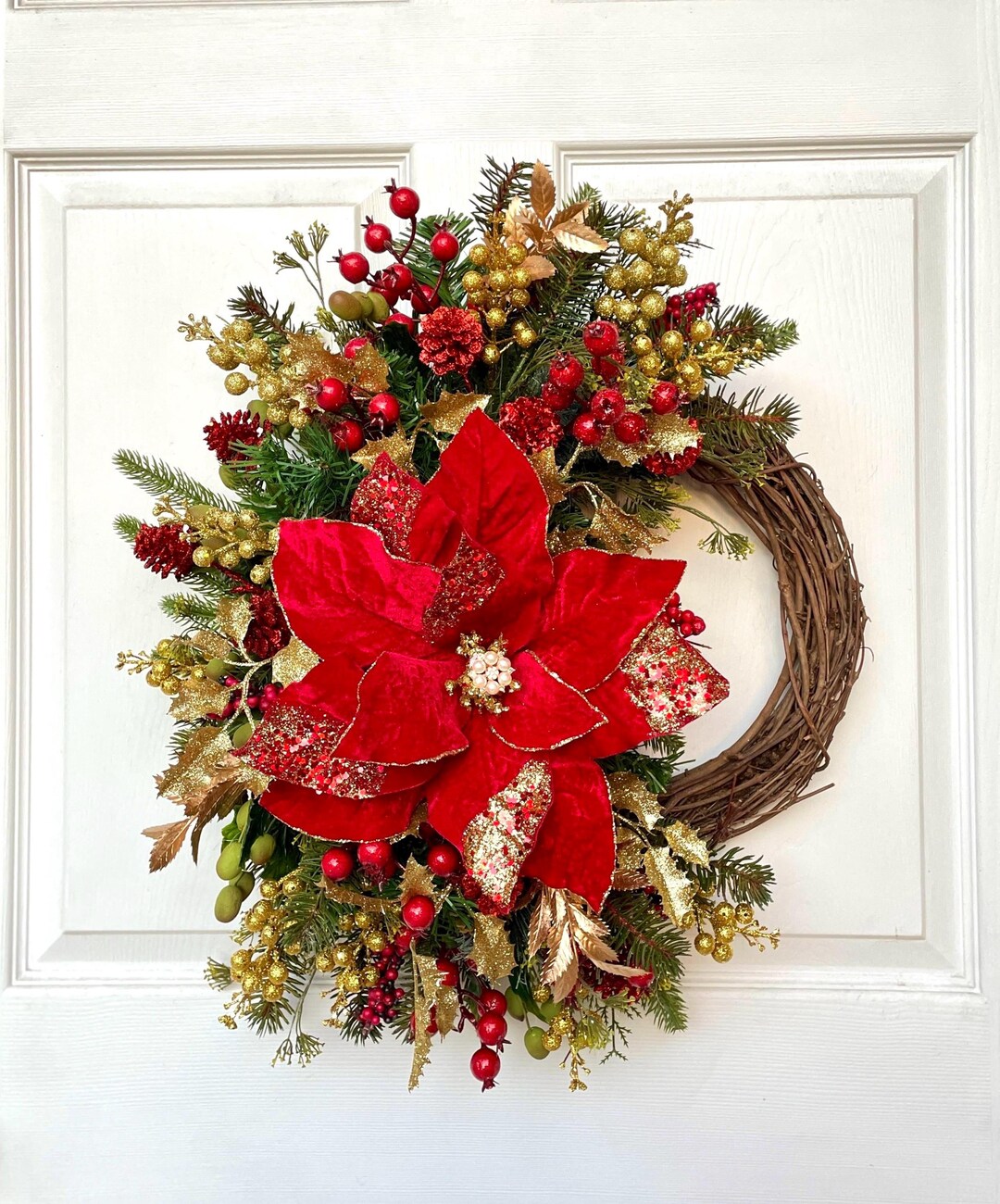 Red Velvet Poinsettia Christmas Wreath: Gold Glam Decor - Etsy