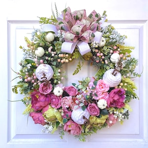 Fall Autumn Front Door Wreath, Pink Flower Fall Wreath, Pink Peony Glam Wreath,  Elegant Wreath with pumpkins, Thanksgiving Decor,