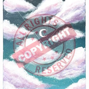 May include: A painting of a night sky with fluffy white clouds and a crescent moon. The sky is a deep blue with a hint of green, and the clouds are painted with a soft pink hue. The painting is textured and has a vintage feel.