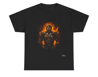 May include: Black t-shirt with a graphic of a warrior in a black and orange suit with a glowing orange halo. The warrior is wearing a helmet with horns.