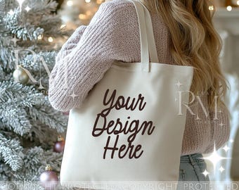 Tote Bag Mockup, Christmas Tote Mockup White Bag Mock Up Templates Bundle Oyster Econscious EC8000 Tote Holiday Shopping Bag Mock-Up