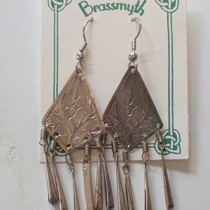 Hill Tribe Diamond Shaped Floral Silver Drop Earrings W/Dangles Handmade Vintage 1990's