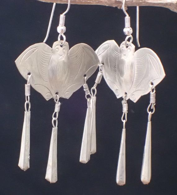 Hill Tribe Bat Drop Earrings W/Dangles Silver Pla… - image 3