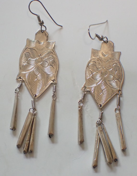 Hill Tribe Drop Earrings W/Dangles Silver Plated … - image 2