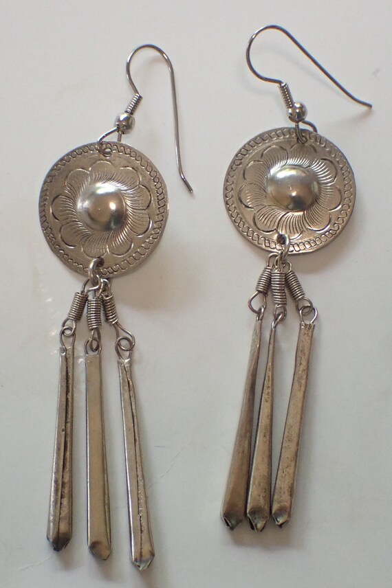 Hill Tribe Domed Flower Drop Earrings W/Dangles S… - image 2