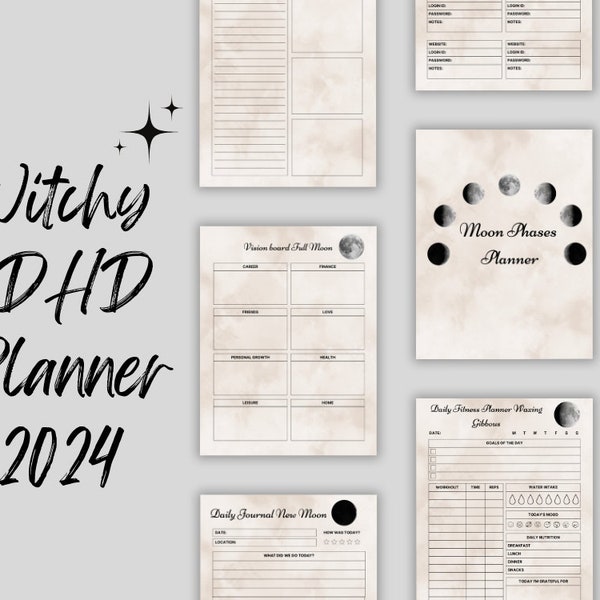 2024 Moon Cycle Witchy Adhd Digital Planner Pdf, Witchy Halloween pdf Planner, Wiccan adhd planner, Moon Planner, Printable Planner