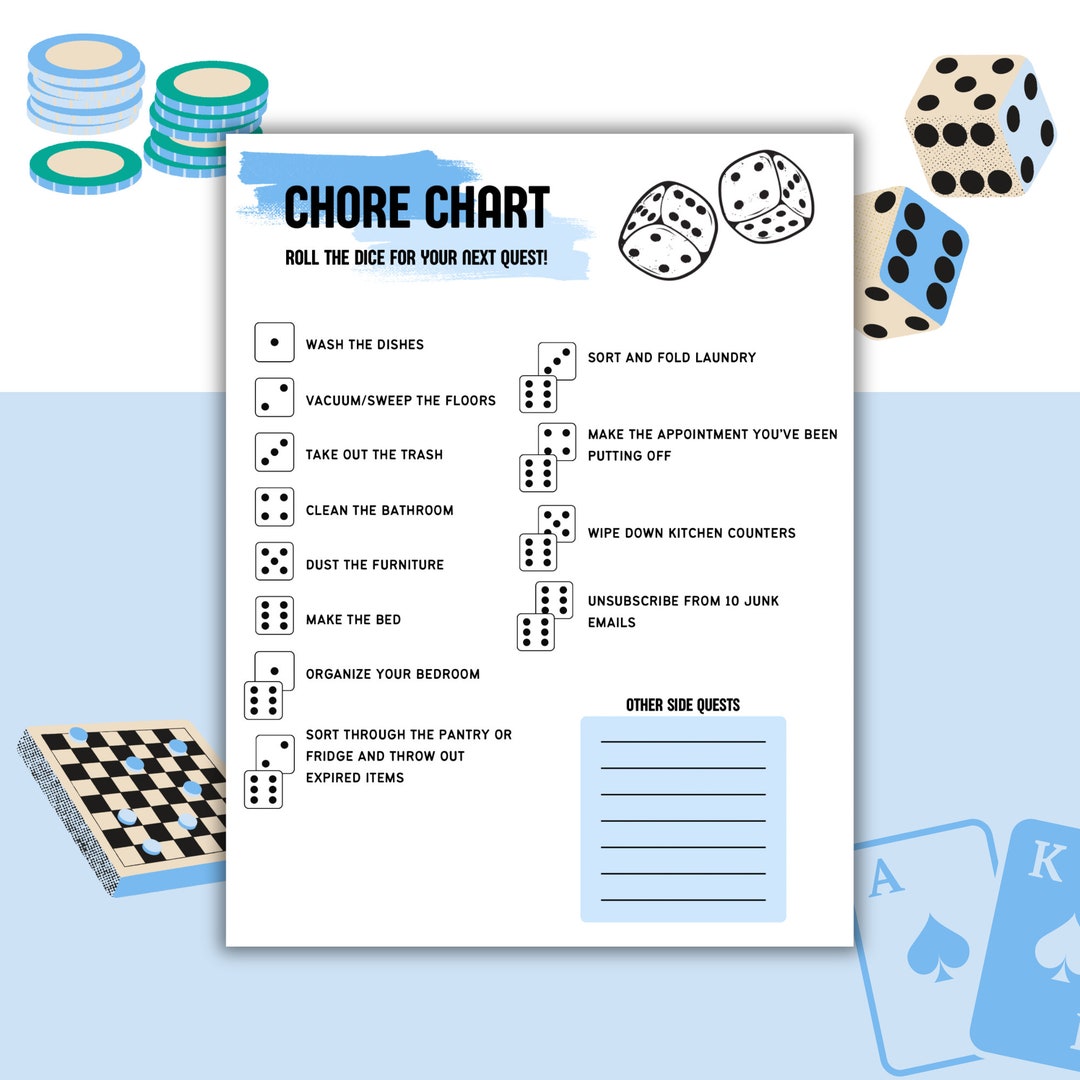 Dice Rolling Chore Chart, Fun Game to Do Your Chores, Blue Chore Chart ...