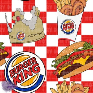 May include: A repeating pattern featuring Burger King imagery. The design includes a crown, the Burger King logo, a hamburger, fries, and onion rings. The background is a red and white checkered pattern.