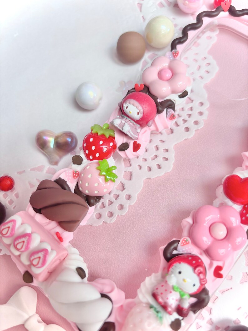 Strawberry Chocolate kawaii Decoden Handmade Phonecase cream glue cute coquette gift custom customisable theme Samsung iPhone 画像 6