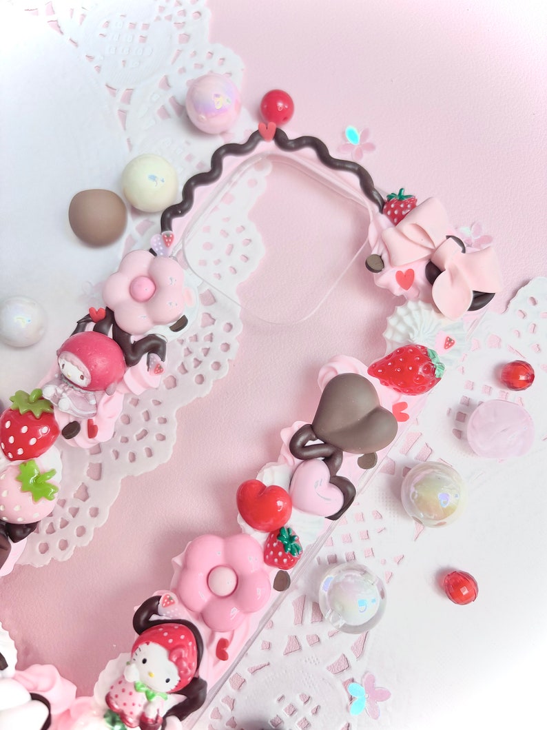Strawberry Chocolate kawaii Decoden Handmade Phonecase cream glue cute coquette gift custom customisable theme Samsung iPhone 画像 2