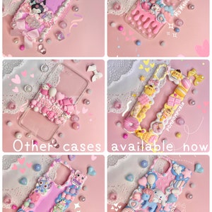 May include: Four different phone cases decorated with colorful 3D embellishments, including cartoon characters, candy, and other cute designs. The cases are all pink and white and have a glossy finish. The text on the cases reads "My Melody", "Pompompurin", "Cinnamoroll", and "Stitch".