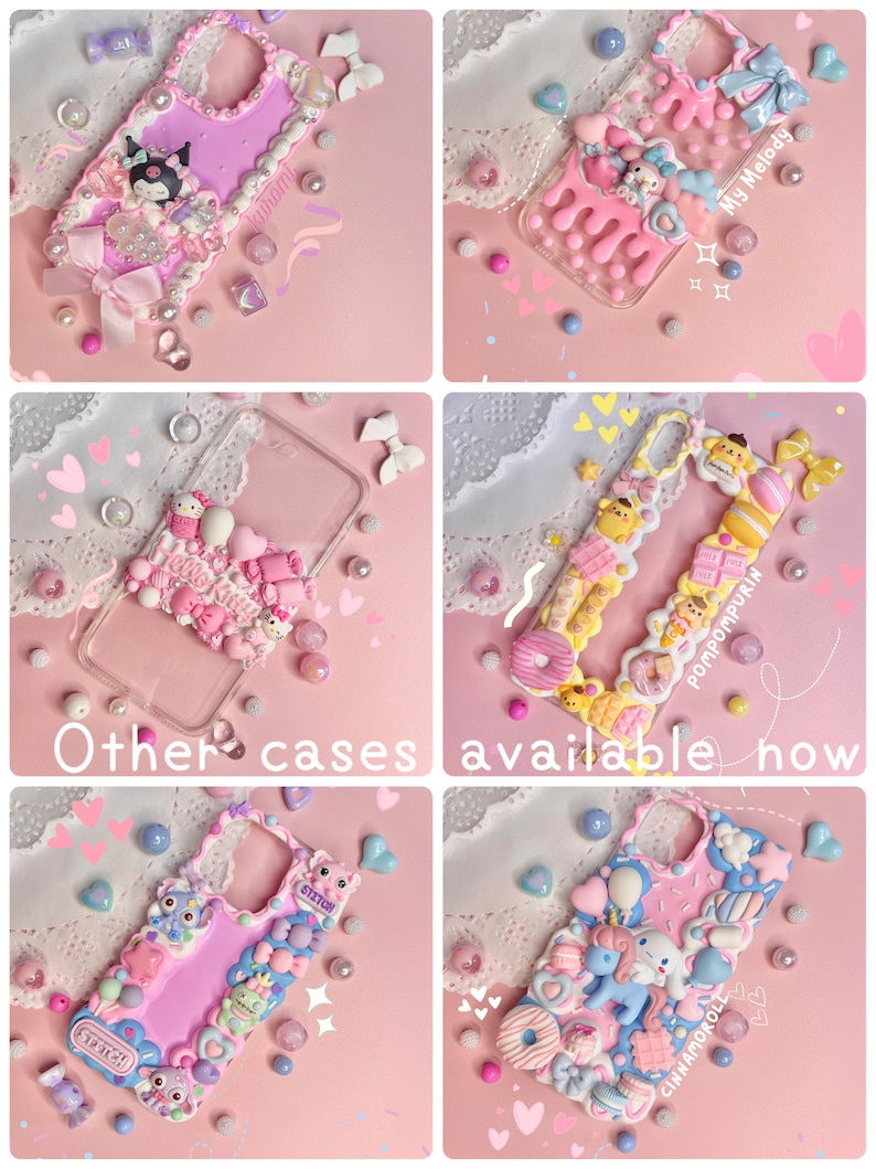 May include: Four different phone cases decorated with colorful 3D embellishments, including cartoon characters, candy, and other cute designs. The cases are all pink and white and have a glossy finish. The text on the cases reads "My Melody", "Pompompurin", "Cinnamoroll", and "Stitch".
