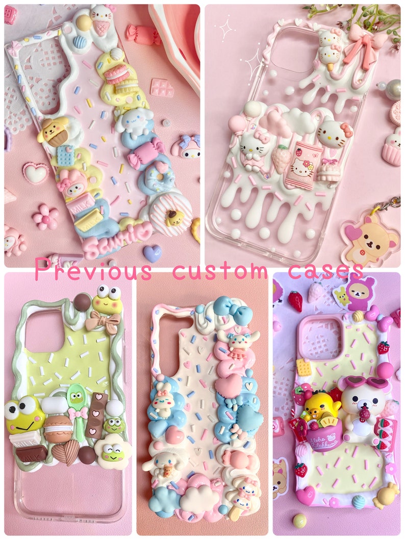 May include: Four custom phone cases with different designs. The cases are decorated with 3D elements, including cartoon characters, sprinkles, and other cute details. The cases are all pink and white with a clear back.