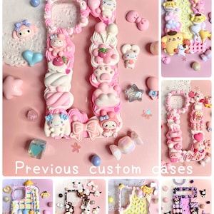 May include: A collection of custom phone cases decorated with colorful 3D embellishments. The cases feature various themes, including cartoon characters, sweets, and other cute designs.  The cases are made with a clear phone case and decorated with polymer clay.