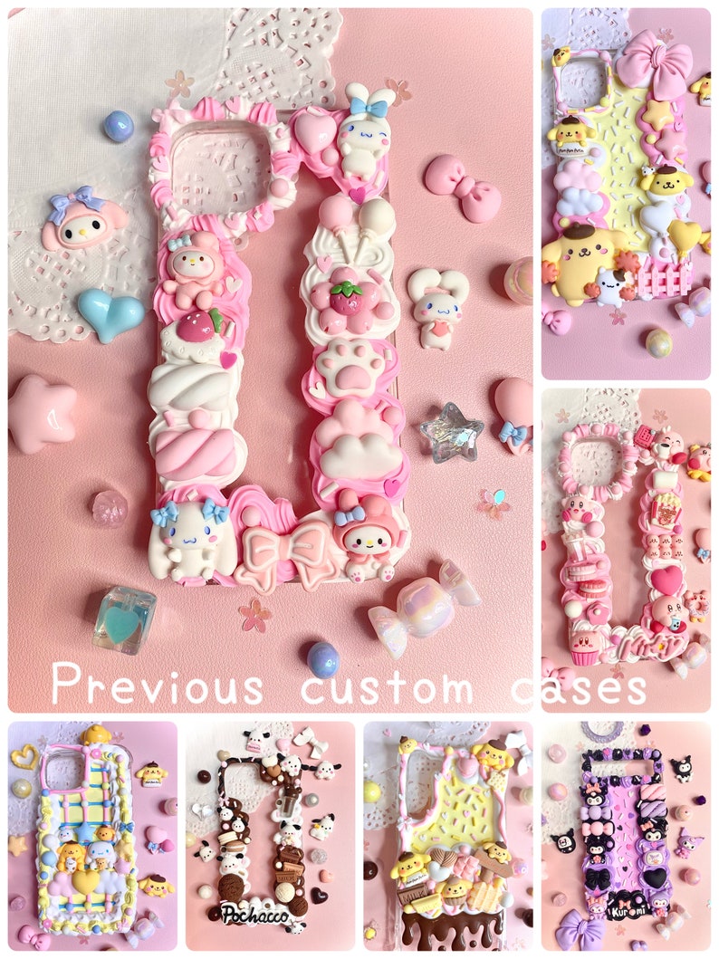 May include: A collection of custom phone cases decorated with colorful 3D embellishments. The cases feature various themes, including cartoon characters, sweets, and other cute designs.  The cases are made with a clear phone case and decorated with polymer clay.