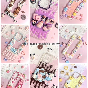 May include: A collection of nine colorful phone cases decorated with 3D embellishments. The cases feature various themes, including kawaii characters, food, and abstract designs.  The cases are made of clear plastic and have a glossy finish.