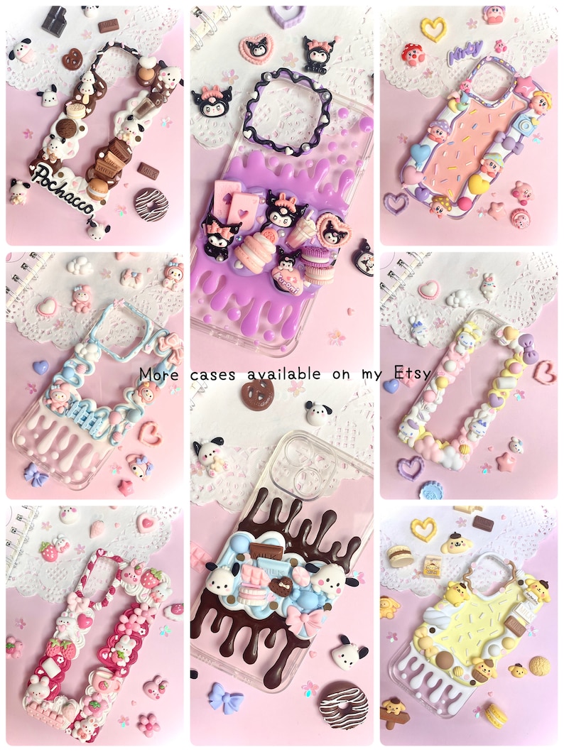 May include: A collection of nine colorful phone cases decorated with 3D embellishments. The cases feature various themes, including kawaii characters, food, and abstract designs.  The cases are made of clear plastic and have a glossy finish.