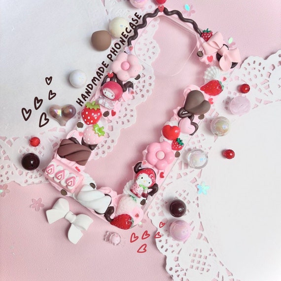 Strawberry Chocolate kawaii Decoden Handmade Phonecase cream glue cute coquette gift custom customisable theme Samsung iPhone