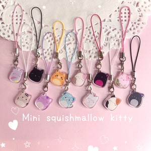 Style Squishmallow Kitty Cats Porte-clés acrylique Porte-clés Phonecharm Mini fait main accessoire de personnage de dessin animé anime cadeau de Noël vert bleu