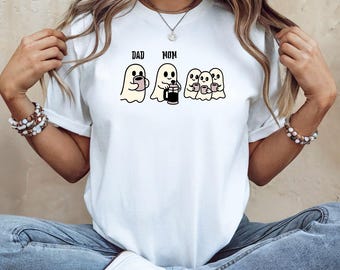 Camiseta unisex para mamá y papá con dibujo de fantasma espeluznante de café