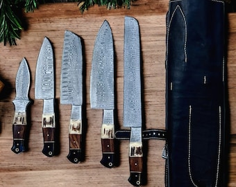 Handmade Damascus Cooking Knife, Kitchen Knife Set, Damascus Chef Knife Set, Damascus Steel,Dagger Blade, Paring knife ,Bread Knife,chef set