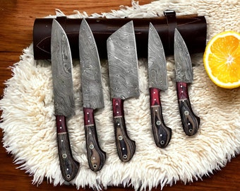 professional Utility Kitchen Knife Set, Damascus Chef knife Set, Damascus steel chef knife set, 5pcs knife set with Leather Roll