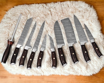 Handmade Damascus Kitchen Chef Knife Set - Professional Damascus Steel Knife Set - 10 pcs Japanese Damascus Knife Set With Leather Bag/Case