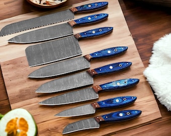 handmade kitchen Knives Custom Made Damascus Steel 8 pcs of Professional Utility Cooking Chef Kitchen Knife Set with Chopper/Cleaver sharp