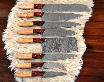 Handmade Professional Kitchen Damascus Knife Set, 8pcs Best Damascus Steel Chef Kitchen Knife set for gift