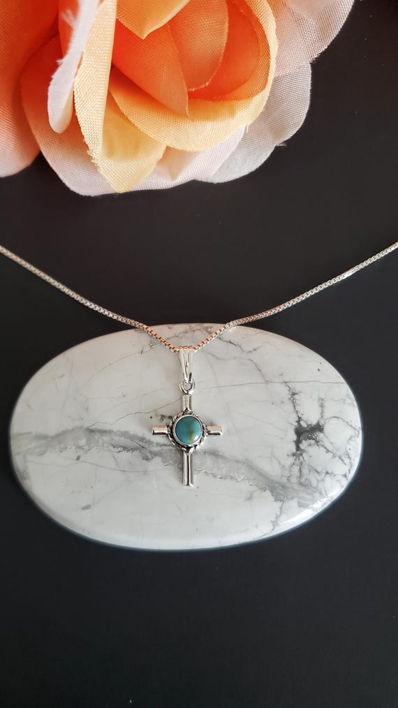 Dainty Turquoise Cross Necklace/ Small Blue Turquoise Cross Pendant Necklace/Turquoise Pendant/ Petite Religious Sterling Silver Pendant/T45