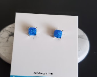 Blue Fire Opal Square Earrings/ Blue Opal Inlay Studs/ Opal Earrings/Square Studs/ Sterling Silver/ Gift For Her/ A99