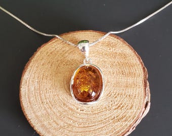 Healing Amber Oval Pendant/ Dainty Amber Pendant Necklace/Baltic Amber Pendant/Sterling Silver Pendant/Gift/P148