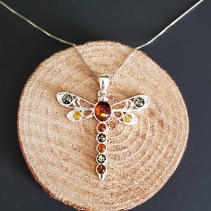 Dragonfly Amber Pendant/ Large Amber Necklace/Baltic Amber Pendant/Sterling Silver Pendant/Gift/P114