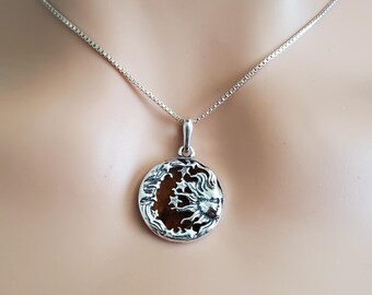 Baltic Amber Sun Moon Pendant/ Amber Necklace/Baltic Amber Pendant/Sterling Silver Pendant/Gift/P182