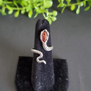 May include: Silver snake ring with an amber gemstone. The snake is coiled and the head is raised, with the gemstone set in the head.