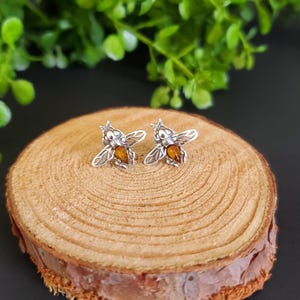 Baltic Amber Bee Stud Earrings/ Amber Bumble Bee Stud Earrings/ Dainty Bee Earrings/ Sterling Silver/Gift/P124
