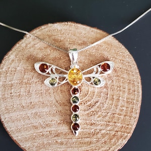 Dragonfly Amber Pendant/ Large Amber Necklace/Baltic Amber Pendant/Sterling Silver Pendant/Gift For Her/P113