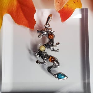Baltic Amber Dragon Pendant/ Amber Necklace/Baltic Amber Pendant/Sterling Silver Pendant/Gift For Her/P12