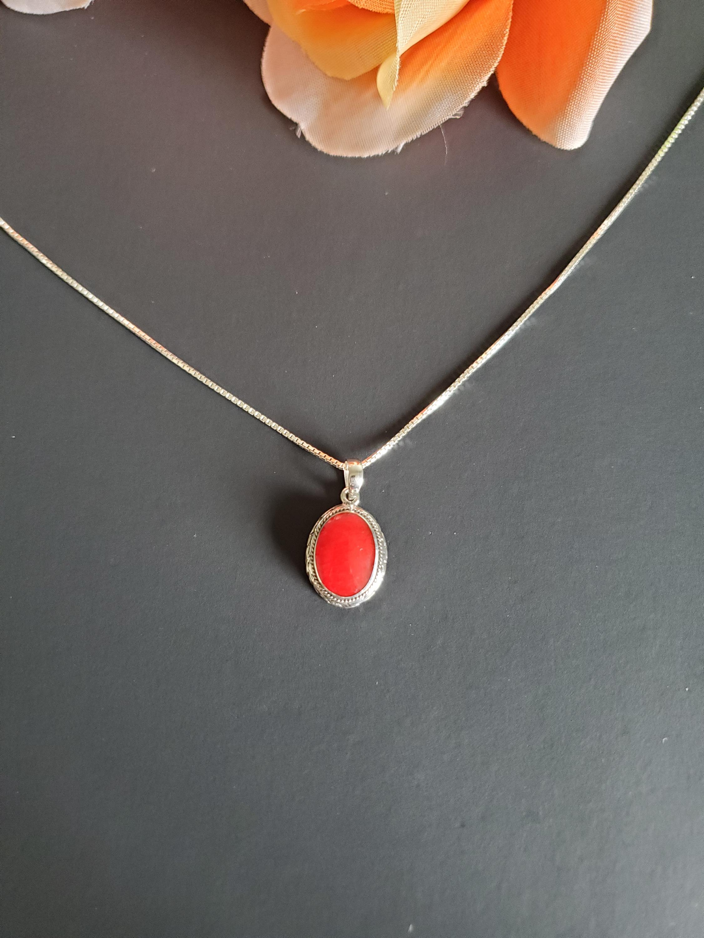 Red Coral Pendant with Chain/Red Pendant Necklace/Coral Pendant/Sterling Silver Necklace/Gift/A83
