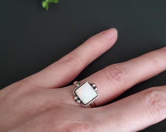 White Opal Ring/Boho Sterling Silver Ring/ Square Ring/Small Opal Ring/October Birthstone Ring/Gift/T19