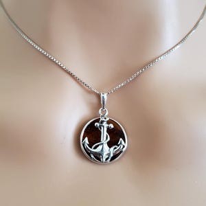 Sterling Silver And Baltic Amber Anchor Pendant - With 18" Chain, Genuine Amber Cabochons