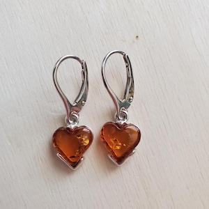 Baltic Amber Heart Earrings/ Amber Heart Lever Back Earrings/ Sterling Silver/Gift For Her/A4